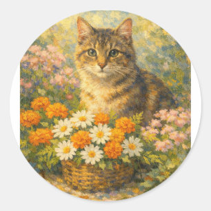 Sticker Rond T-Shirt Chat Mignon de Style Rétro dans un Jardin 