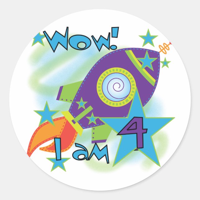 Sticker Rond T-shirts et cadeaux 4e anniversaire Rocket Ship (Devant)
