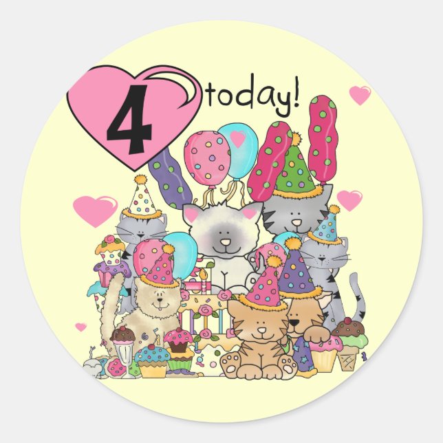Sticker Rond T-shirts et cadeaux fête Kittens 4e anniversaire (Devant)