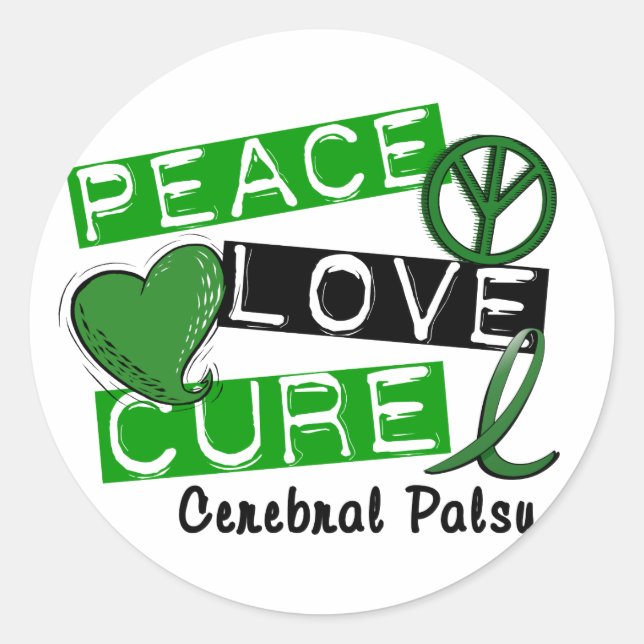 Sticker Rond T-shirts et cadeaux PEACE LOVE CURE CEREBRAL PALSY (Devant)