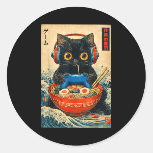 Sticker Rond T-shirts graphiques drôles japonais Ramen de chat 