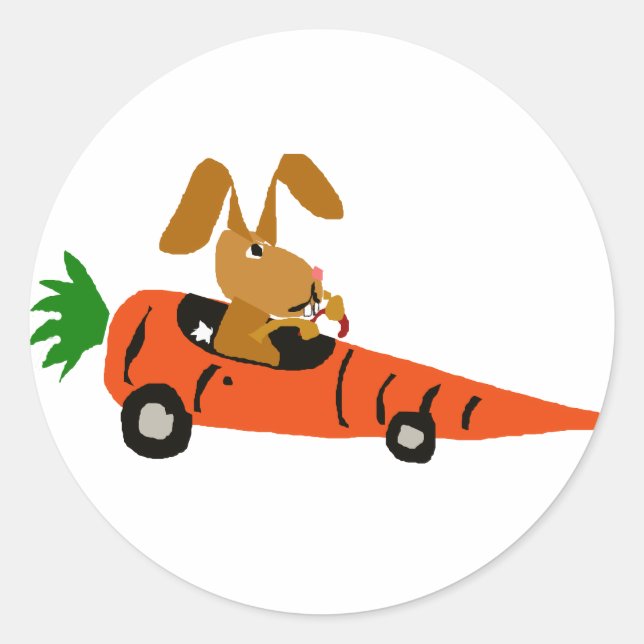Sticker Rond TA- Drôle lapin lapin conduisant Carotte Cartoon v (Devant)