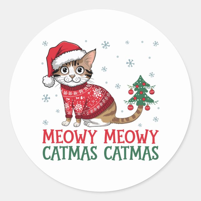 Sticker Rond Tabby Cat (A playful cat wearing a festive sweater and Santa hat sits beside a decorated Christmas tree.   )