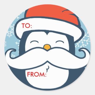 Sticker Rond Tags cadeaux de Noël Penguin Mustache Trend