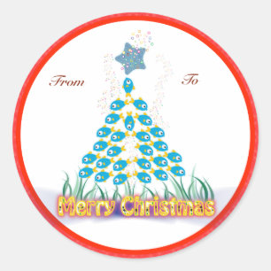 Sticker Rond Tags Cadeaux de Noël : Poisson Arbre de Noël