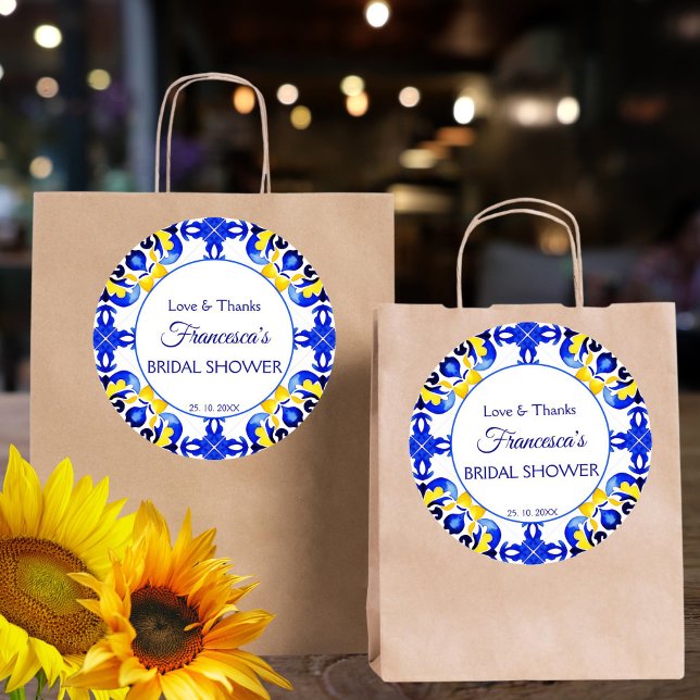 Sticker Rond Talavera azulejo carreaux bleus faveur de la douch (Talavera azulejo blue yellow tiles bridal shower thank you favor sticker bridal shower favors)
