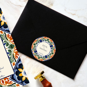 Sticker Rond Tallavera vintage mariage mexicain imprimé monogra