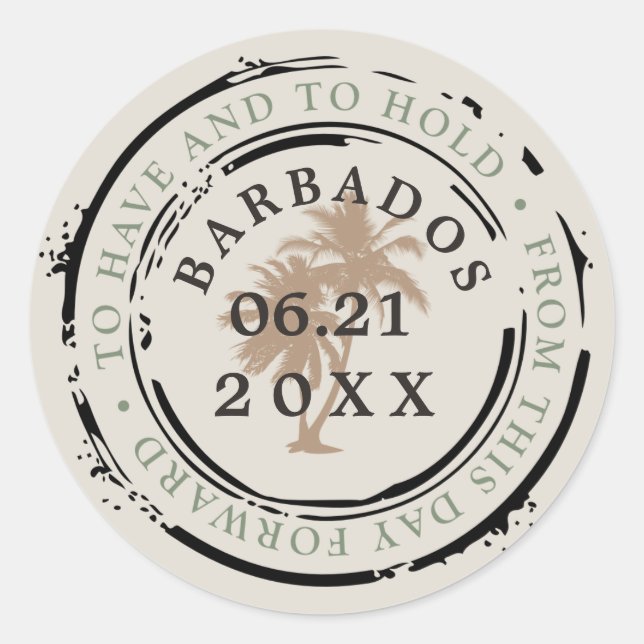 Sticker Rond Tampon Passport de Barbade avec Palmiers (Devant)