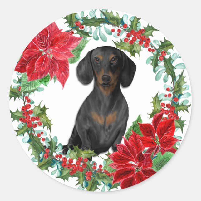 Sticker Rond Tan Noir Dachshund Poinsettia Vacances (Devant)