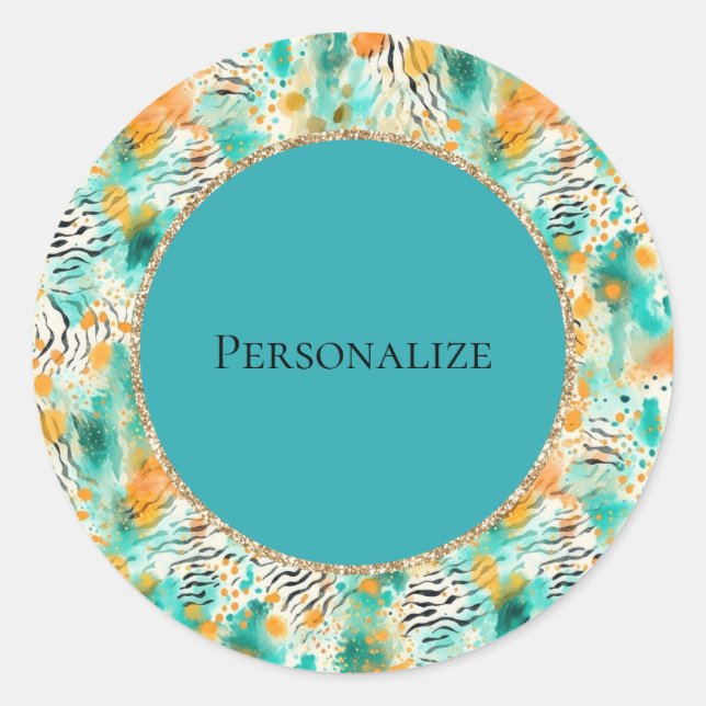 Sticker Rond Tangerine Turquoise Zebra Abstrait (Devant)