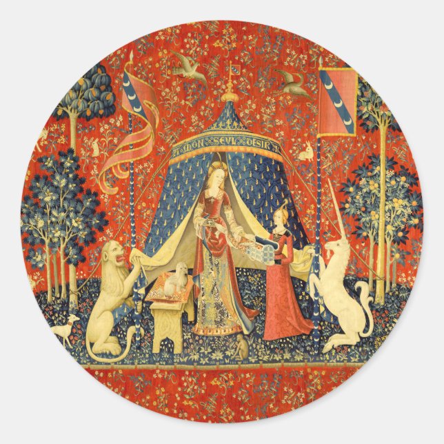 Sticker Rond Tapisseries Unicorne Lady Legend Médiéval (Devant)