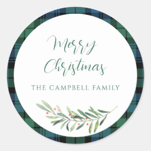 Sticker Rond Tartan de Noël en chèque vert Plaid