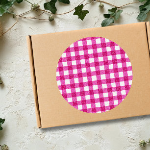 Sticker Rond Tartan Pailleté Rose Élégant sur Fond Blanc