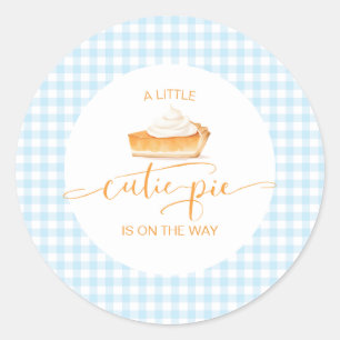 Sticker Rond Tartelette pumpkin pie carreaux bleus baby shower