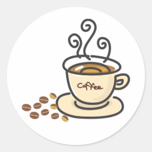 Sticker Rond Tasse de café et grains de café chauds