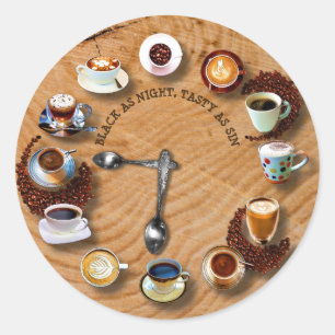 Sticker Rond Tasses De Café Noir Avec Des Haricots Comme Horlog