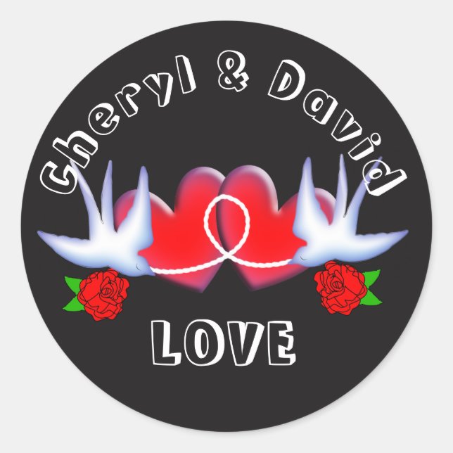 Sticker Rond Tatouage Avaler Coeurs Et Rose Rouge Noir (Devant)