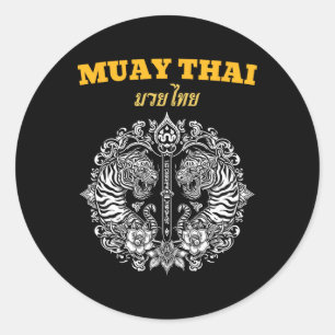 Sticker Rond Tatouage d'art Muay Thai Sak Yant Twin Tiger Kickb