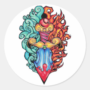 Sticker Rond Tatouage de Dagger d'incendie et d'eau