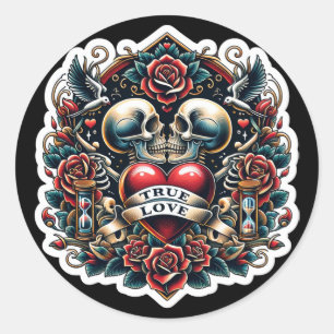 Sticker Rond Tatouage de mariage coeur squelette d'amour vrai