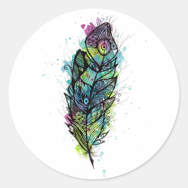 Sticker Rond Tatouage de plume d'aquarelle (Devant)