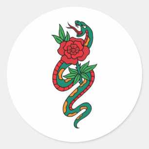 Sticker Rond Tatouage de serpent enroulé autour d'une rose roug