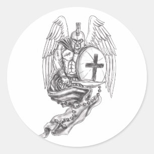 Sticker Rond Tatouage Rosaire Sparte Guerrier Angel Bouclier