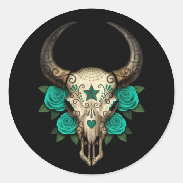 Sticker Rond Taureau à sucre avec Roses Turquoises en noir (Devant)