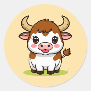 Sticker Rond 🐂 Taureau de dessin animé mignon pour décoration