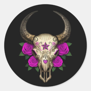 Sticker Rond Taureau de sucre avec Roses violets sur noir