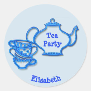 Sticker Rond Tea Party avec bouilloire et tasses