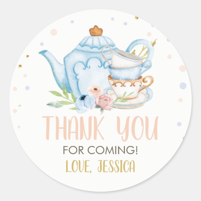 Sticker Rond Tea Party Baby shower bleu Favoriser la brasserie  (Devant)