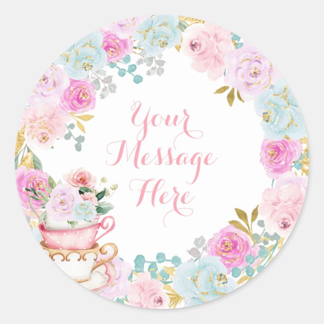 Sticker Rond Tea Party Baby shower Pastel Fleurs (Devant)