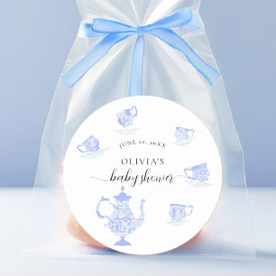 Sticker Rond Tea Party Blue China White Lace Boy Baby shower