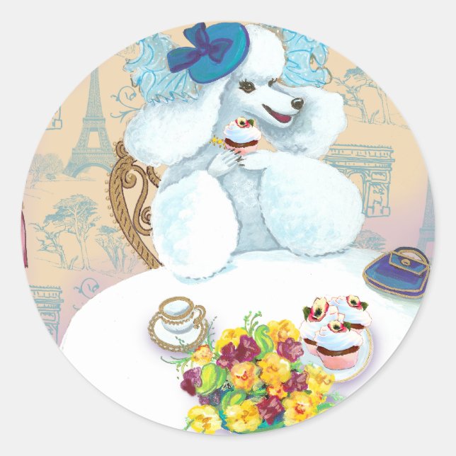Sticker Rond Tea Party de caniche blanc (Devant)