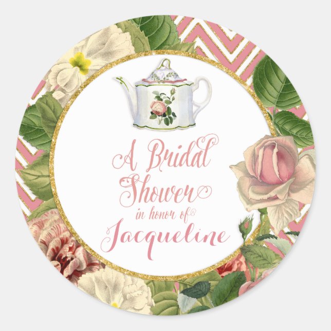 Sticker Rond Tea Party Fête des mariées Chevron Stripes Rose (Devant)