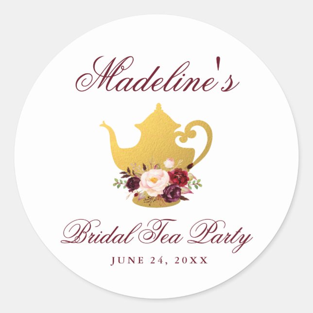 Sticker Rond Tea Party Fête des mariées Floral Bourgogne (Devant)