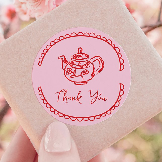 Sticker Rond Tea Party Tea Pot Doodle Merci Favoriser (pink and red hand-drawn scribble bridal shower thank you favour sticker)