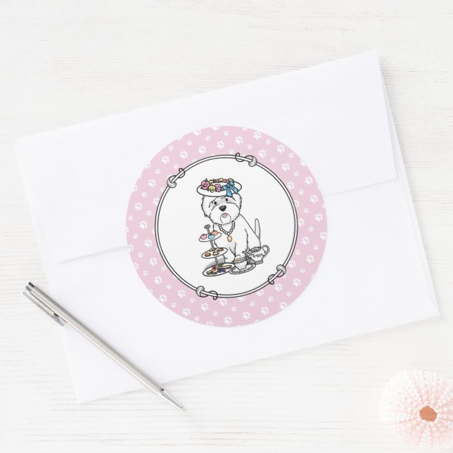 Sticker Rond Tea Party Westie Dog West Highland White Terrier (Enveloppe)