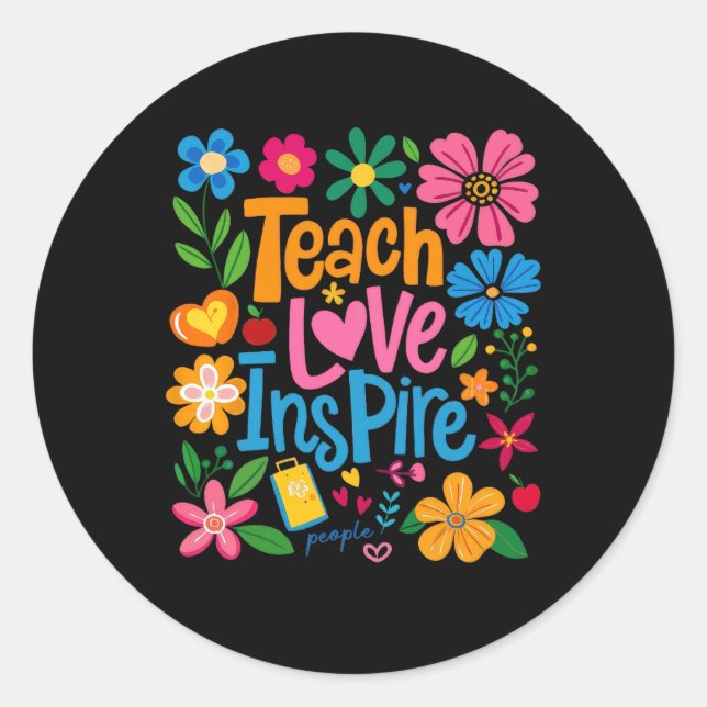Sticker Rond Teach Love Inspire Boho Floral Retro Back To Schoo (Devant)