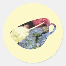 Sticker Rond Teacup bleu et rose Hydrangea Fleur Peinture
