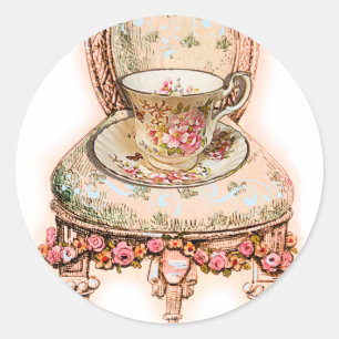 Sticker Rond Teacup Rose antique et chaise victorienne