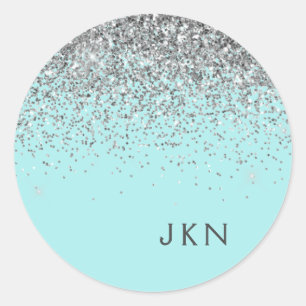 Sticker Rond Teal Argenté Aqua Bleu Féminin Monogramme Paillett