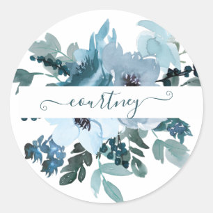 Sticker Rond Teal et bleu aquarelle florale personnalisée