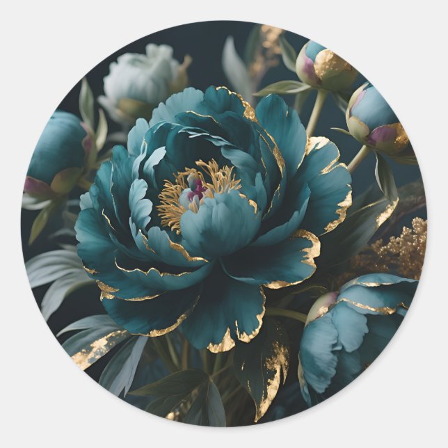 Sticker Rond Teal Peony Gold Luxe Botanical Bloom (Devant)