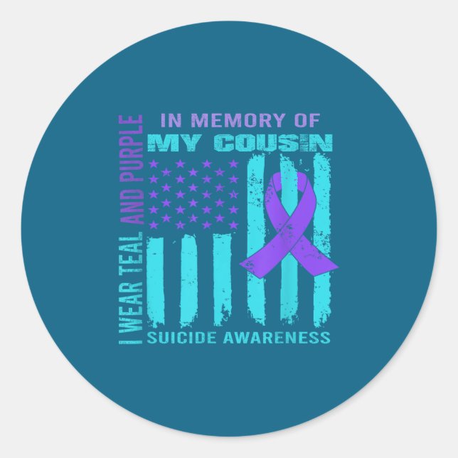 Sticker Rond Teal Purple Ribbon Suicide Awareness Flag Cousin B (Devant)