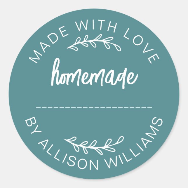 Sticker Rond Teal Script Made With Love Homemade Food Jar (Devant)