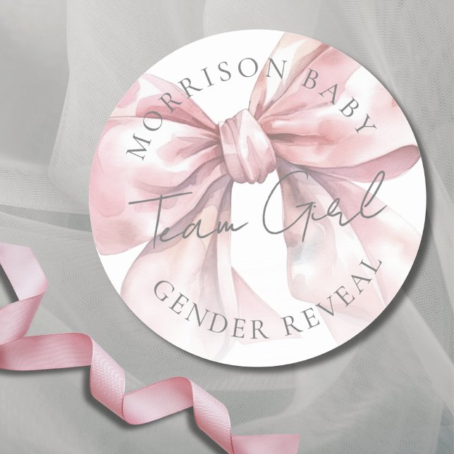 Sticker Rond Team Girl Pink Bow Genre Revela (Team Girl Pink Bow Gender Reveal Classic Round Sticker )