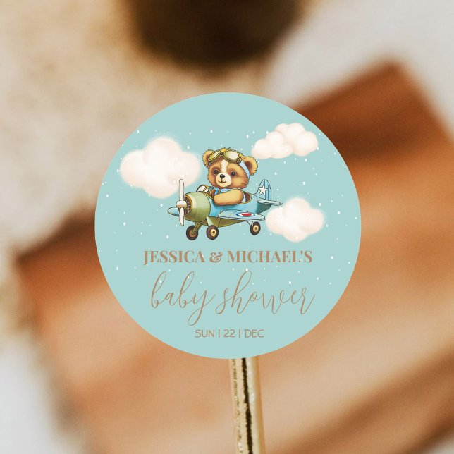 Sticker Rond Teddy Bear Baby Baby shower pilote avion (Teddy Bear Baby Pilot Airplane Baby Shower Classic Round Sticker)