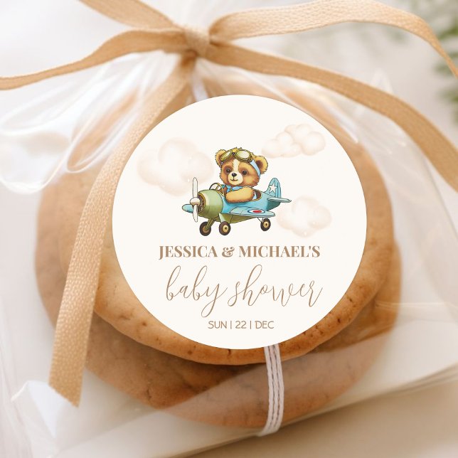 Sticker Rond Teddy Bear Baby Baby shower pilote avion (Teddy Bear Baby Pilot Airplane Baby Shower Classic Round Sticker)